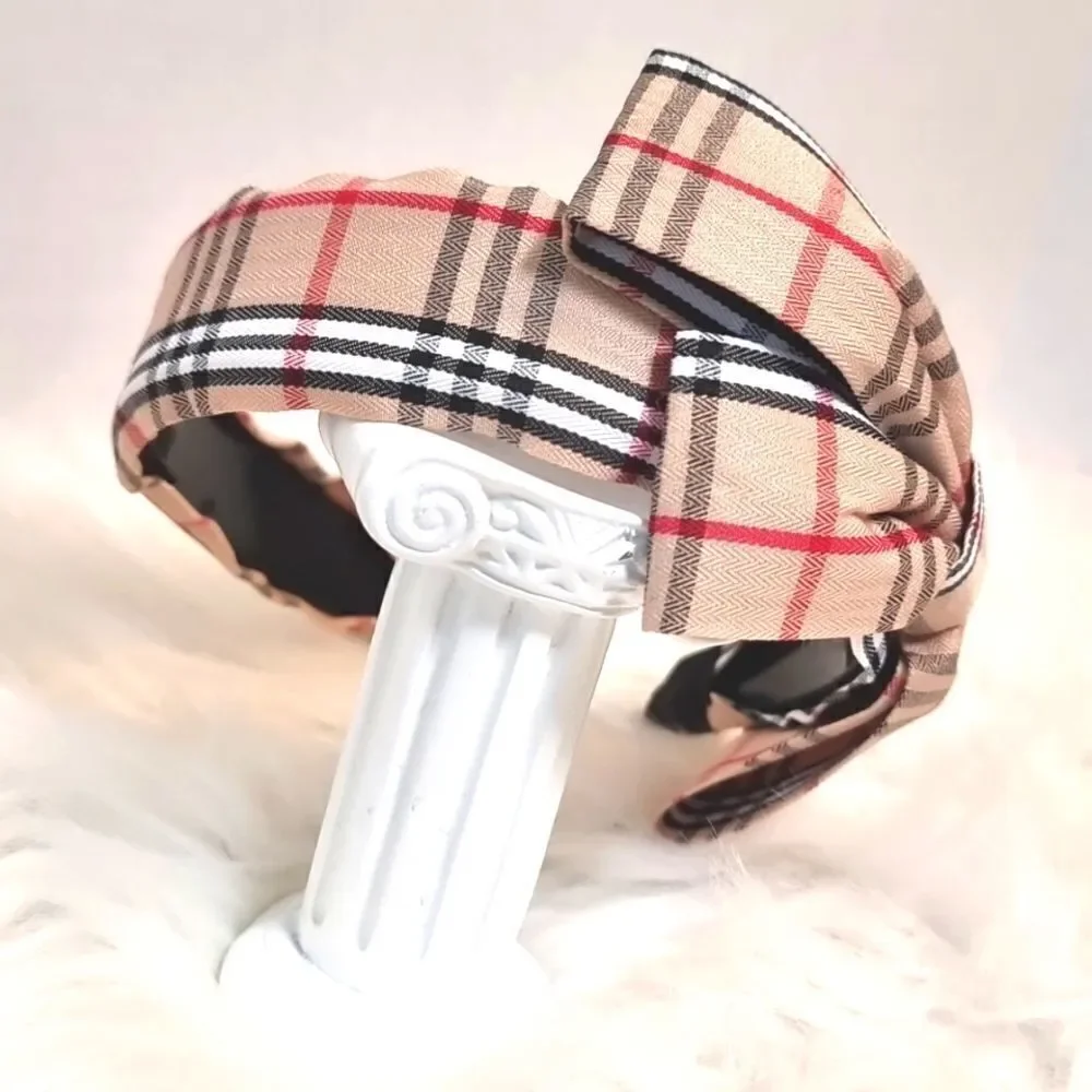 PLAID SIDE BOW HEADBAND Khaki black white red fabric